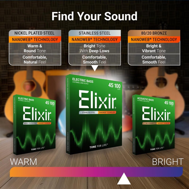 ELIXIR أوتار إلكسير من الفولاذ المقاوم للصدأ 5 أوتار بيز مع طلاء NANOWEB، طول طويل، خفيف/متوسط (.045-.135) - Image 3